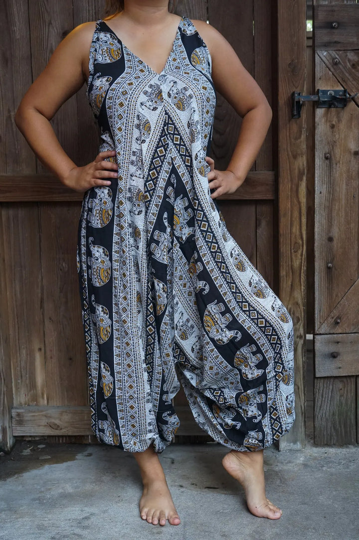 Bohemian Black Elephant Maxi Jumpsuit Romper Tan Smokey