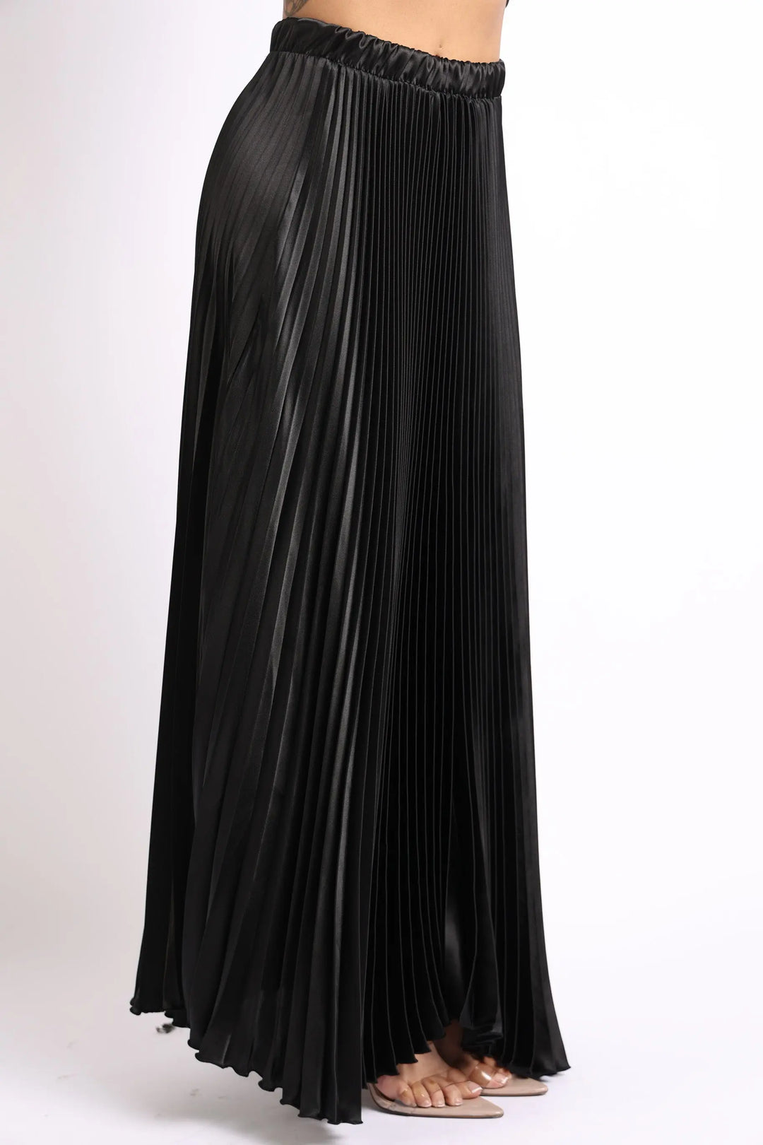 Sophisticated High Waist Pleated Satin Maxi Skirt for Formal Occasions - BLACK Puce Juniper