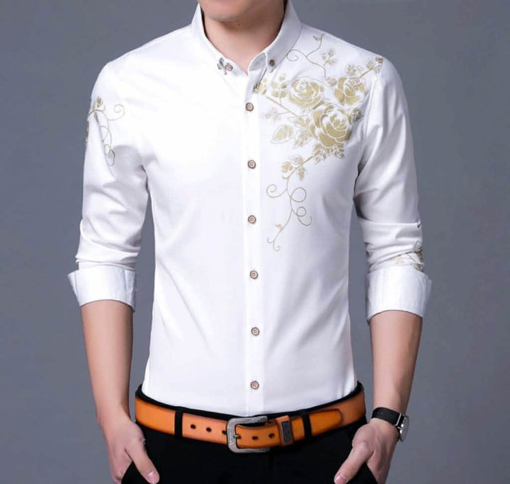 Men's Trendy Slim Fit Long Sleeve Shirt with Floral Design Yellow Pandora