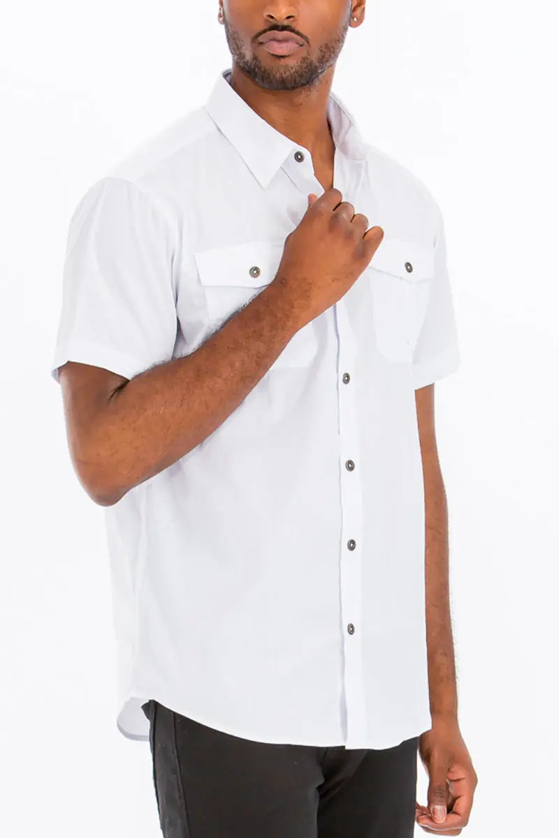 Short Sleeve White Button-Up Shirt with Pocket Details Lime Milo