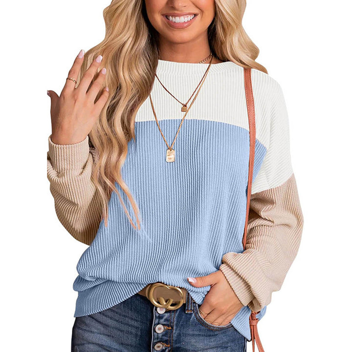 Womens Color Block Long Sleeve Crewneck Knitted Casual Pullover Tops Peach Castor