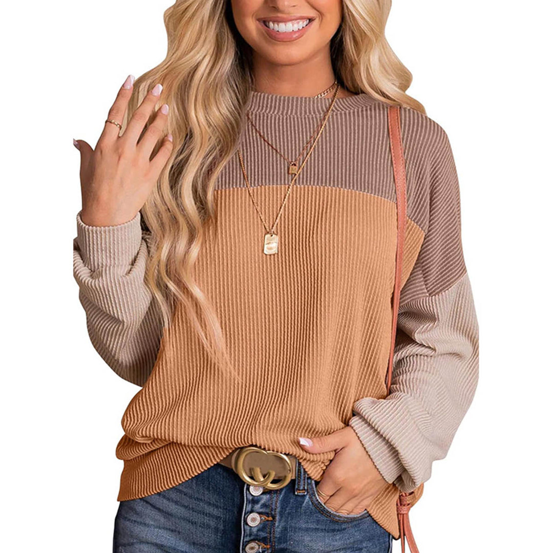 Womens Color Block Long Sleeve Crewneck Knitted Casual Pullover Tops Peach Castor