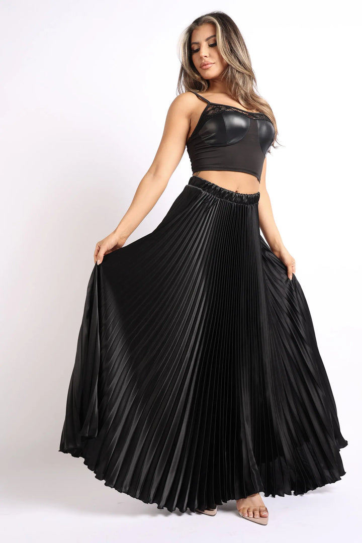 Sophisticated High Waist Pleated Satin Maxi Skirt for Formal Occasions - BLACK Puce Juniper