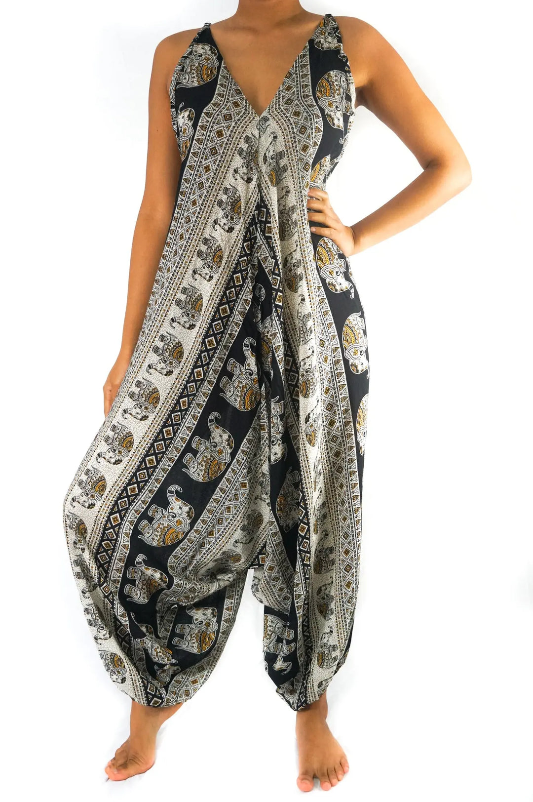 Bohemian Black Elephant Maxi Jumpsuit Romper Tan Smokey