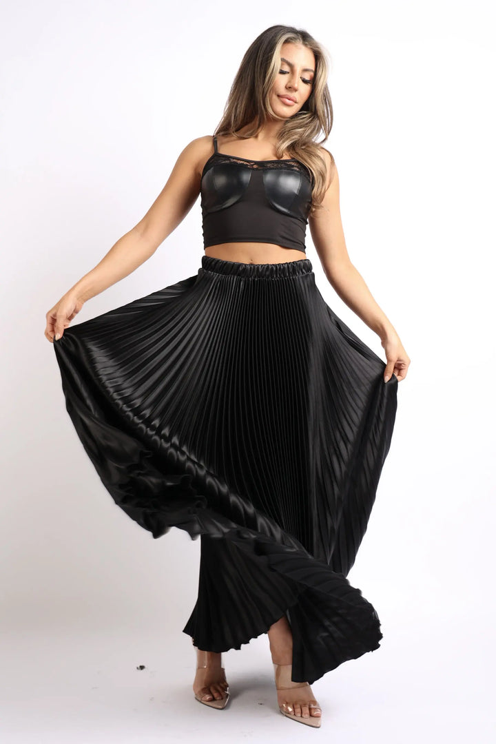 Sophisticated High Waist Pleated Satin Maxi Skirt for Formal Occasions - BLACK Puce Juniper