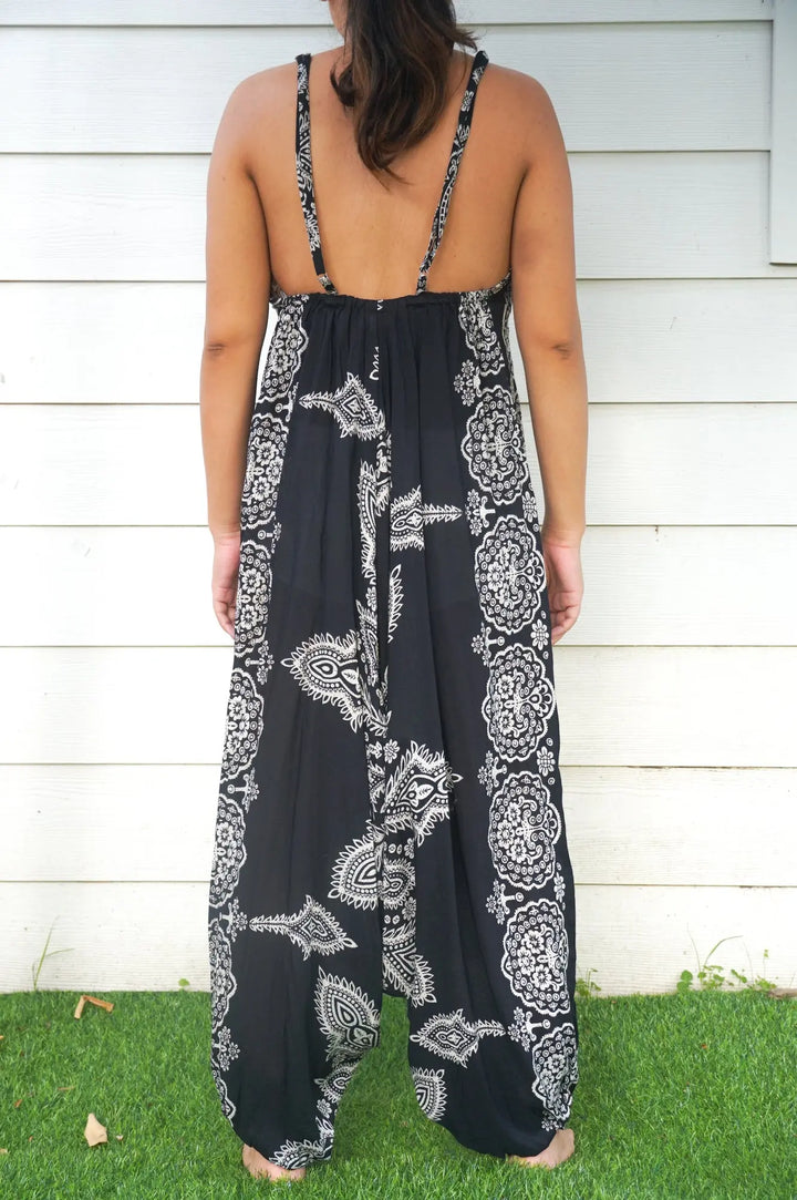 Boho Chic Black Butterfly Festival Jumpsuit for Summer Adventures Tan Smokey