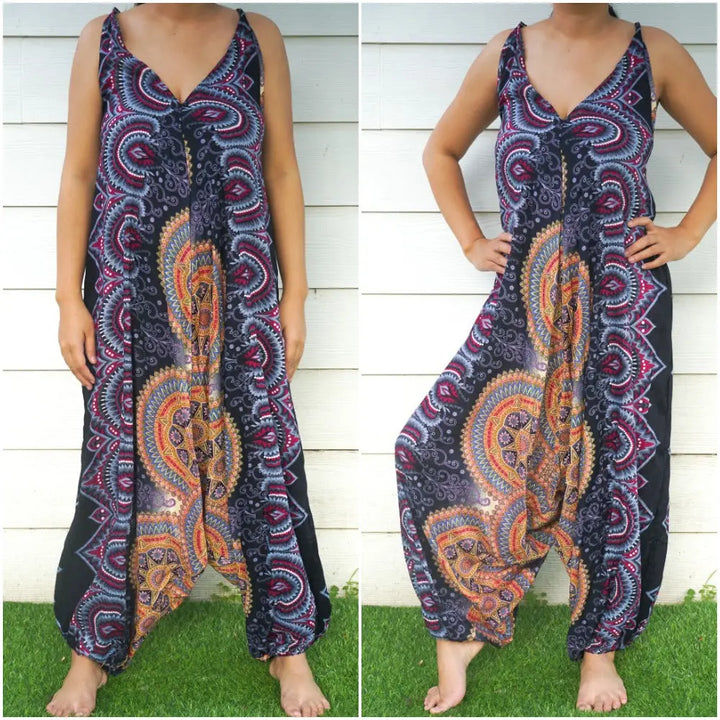 Chic Bohemian Black Mandala Festival Wide-Leg Jumpsuit Tan Smokey