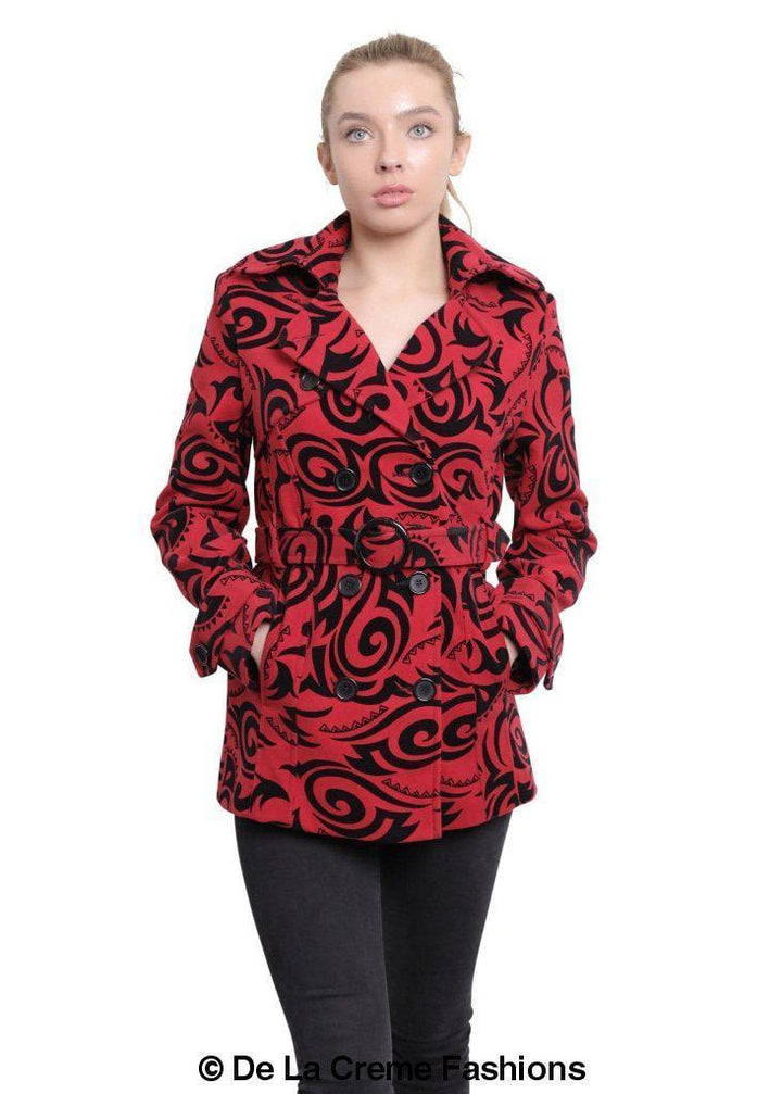 De La Creme - Womens Tribal Print Double Breasted Short Coat Rose Eleusis