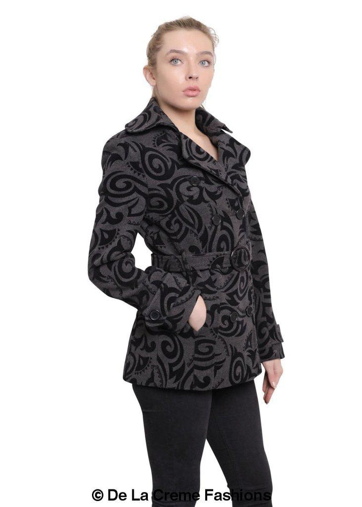 De La Creme - Womens Tribal Print Double Breasted Short Coat Rose Eleusis