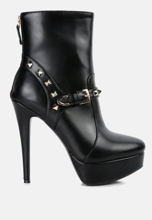 Edgy Studded Faux Leather Stiletto Ankle Booties with Chic Belt Accent Ruby Smudge