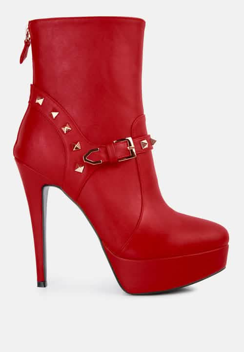 Edgy Studded Faux Leather Stiletto Ankle Booties with Chic Belt Accent Ruby Smudge