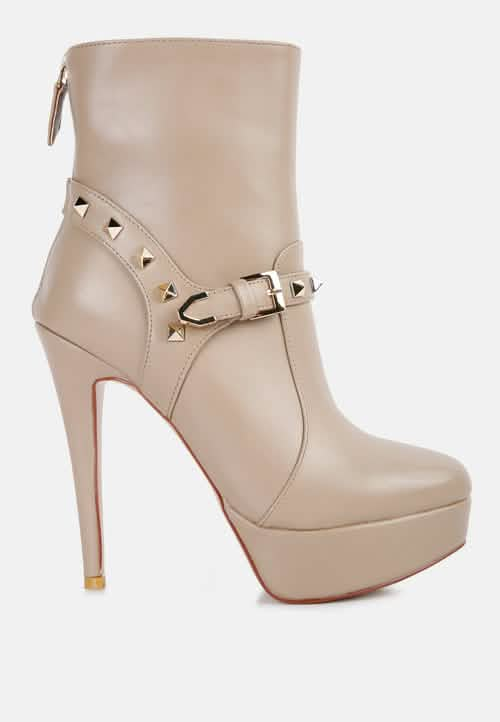 Edgy Studded Faux Leather Stiletto Ankle Booties with Chic Belt Accent Ruby Smudge