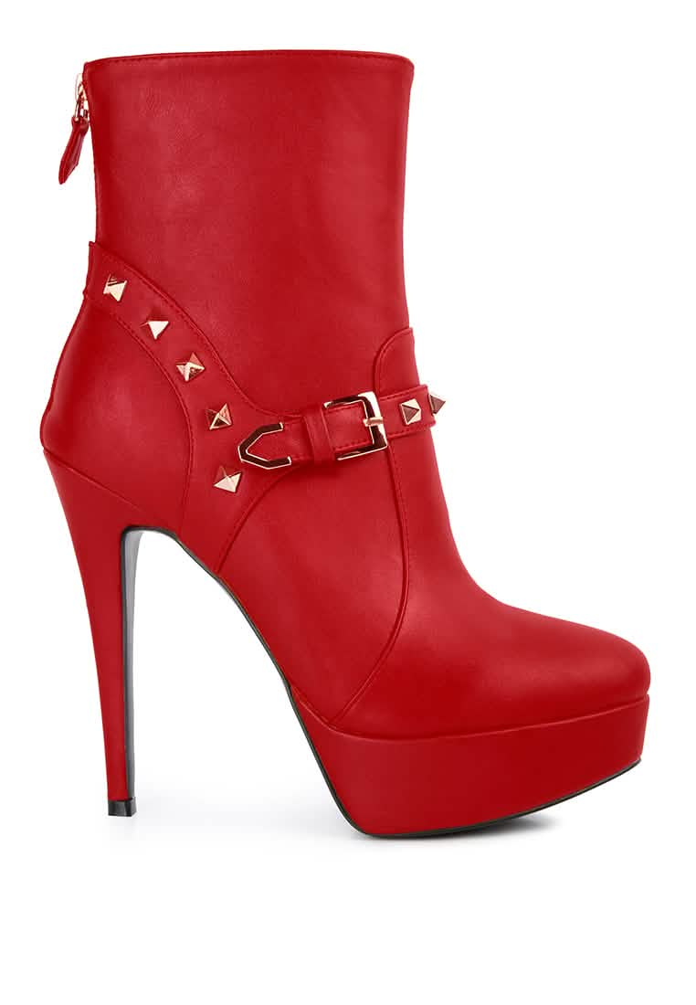 Edgy Studded Faux Leather Stiletto Ankle Booties with Chic Belt Accent Ruby Smudge