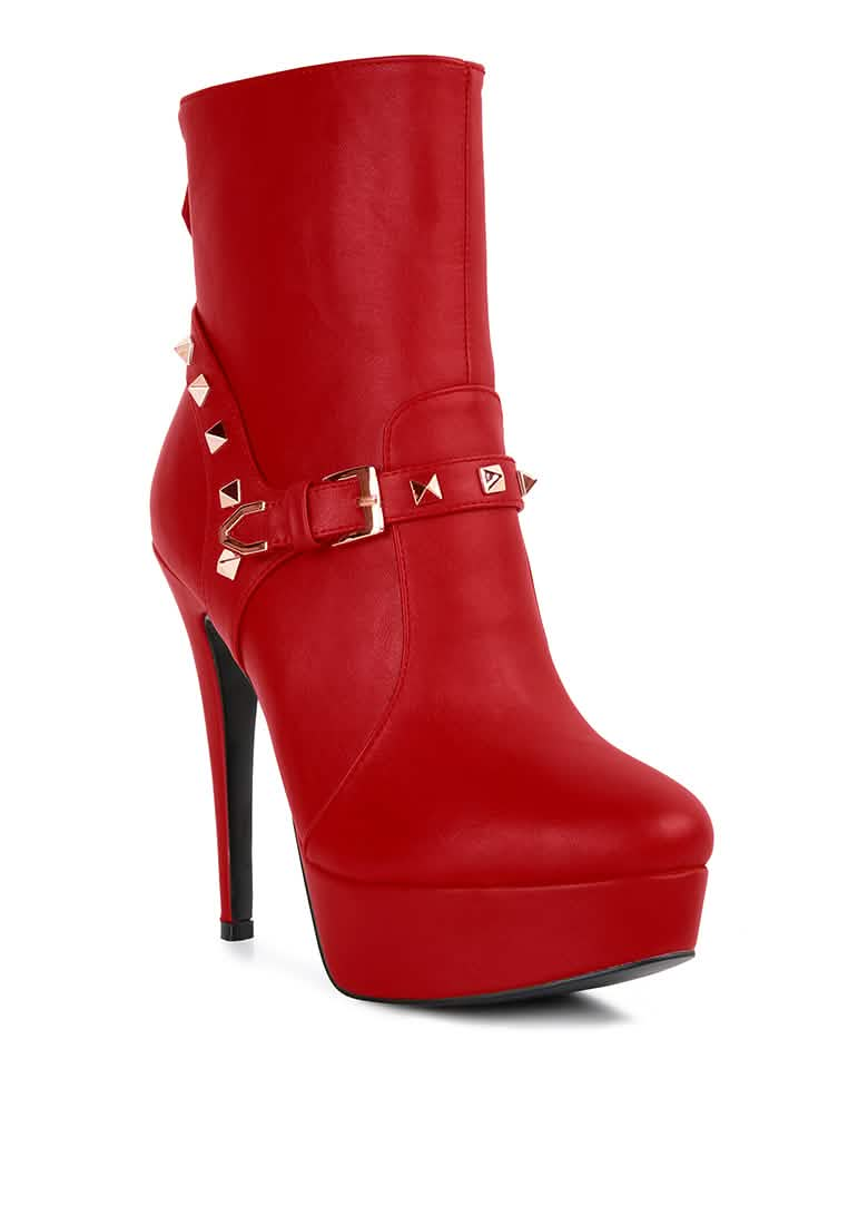 Edgy Studded Faux Leather Stiletto Ankle Booties with Chic Belt Accent Ruby Smudge