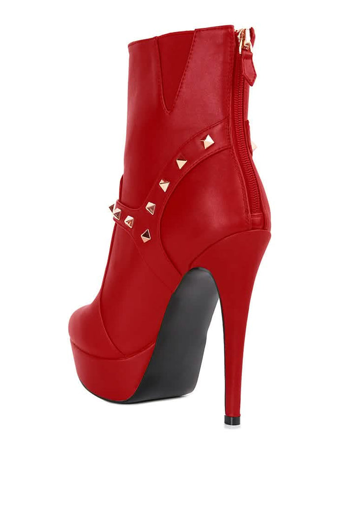 Edgy Studded Faux Leather Stiletto Ankle Booties with Chic Belt Accent Ruby Smudge