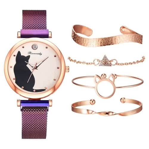 Charming Whimsical Cat Quartz Watch for Women with Elegant Alloy Mesh Band Carmine Medusa