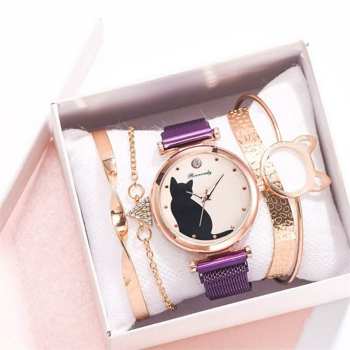 Charming Whimsical Cat Quartz Watch for Women with Elegant Alloy Mesh Band Carmine Medusa