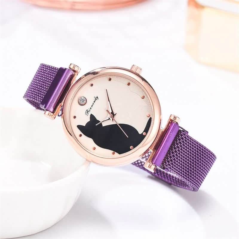 Charming Whimsical Cat Quartz Watch for Women with Elegant Alloy Mesh Band Carmine Medusa