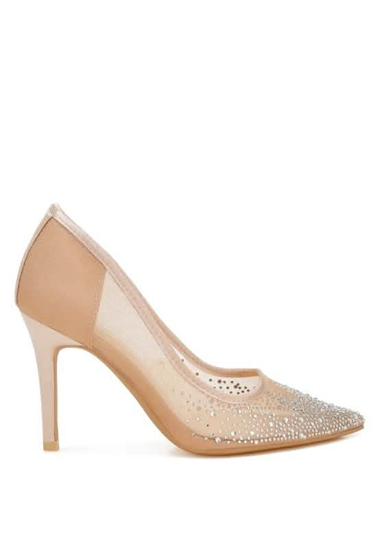 Glamorous Rhinestone-Embellished Mesh Stiletto Heels Coral Vanilla