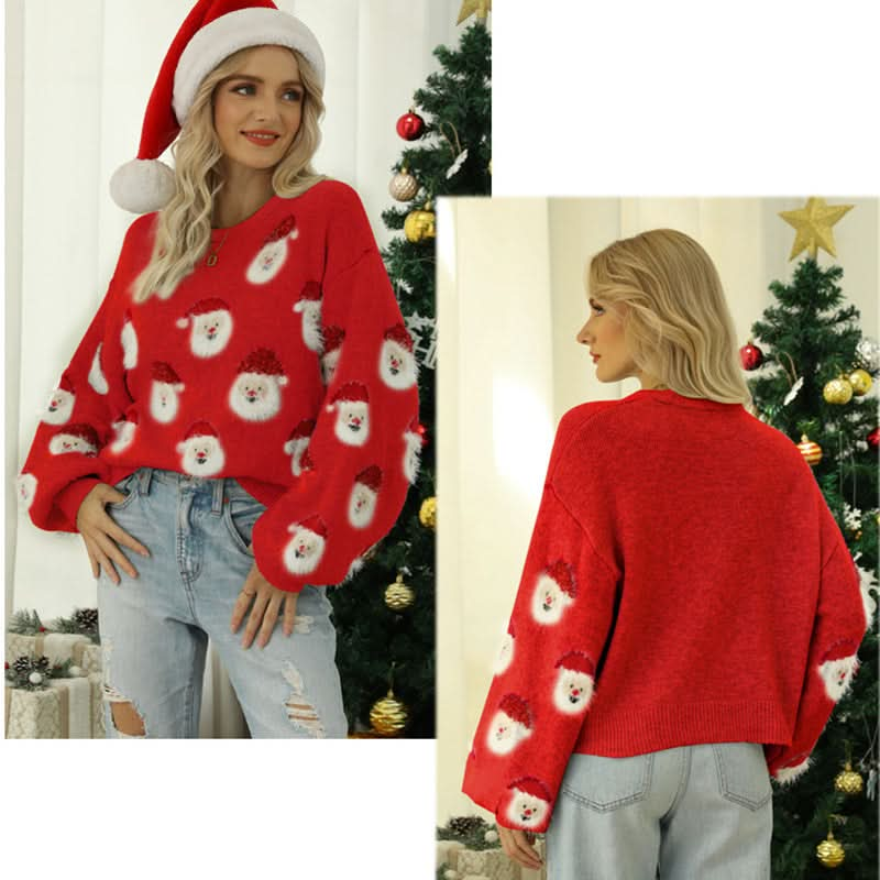 Christmas Sweater Women Cute Cartoon Santa Print Knit Sweater Winter 