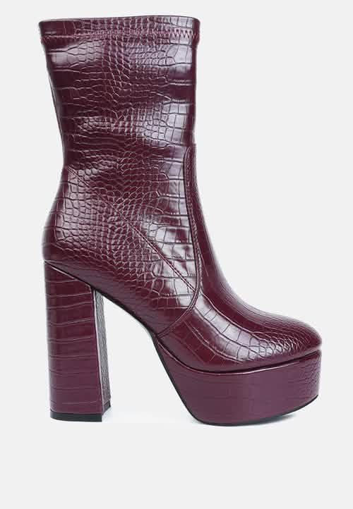 Croc-Textured Stylish Pointed Toe Block Heel Ankle Boot Ruby Smudge