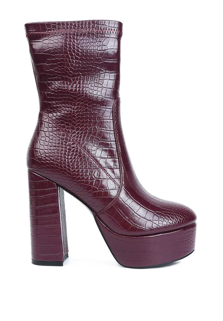 Croc-Textured Stylish Pointed Toe Block Heel Ankle Boot Ruby Smudge