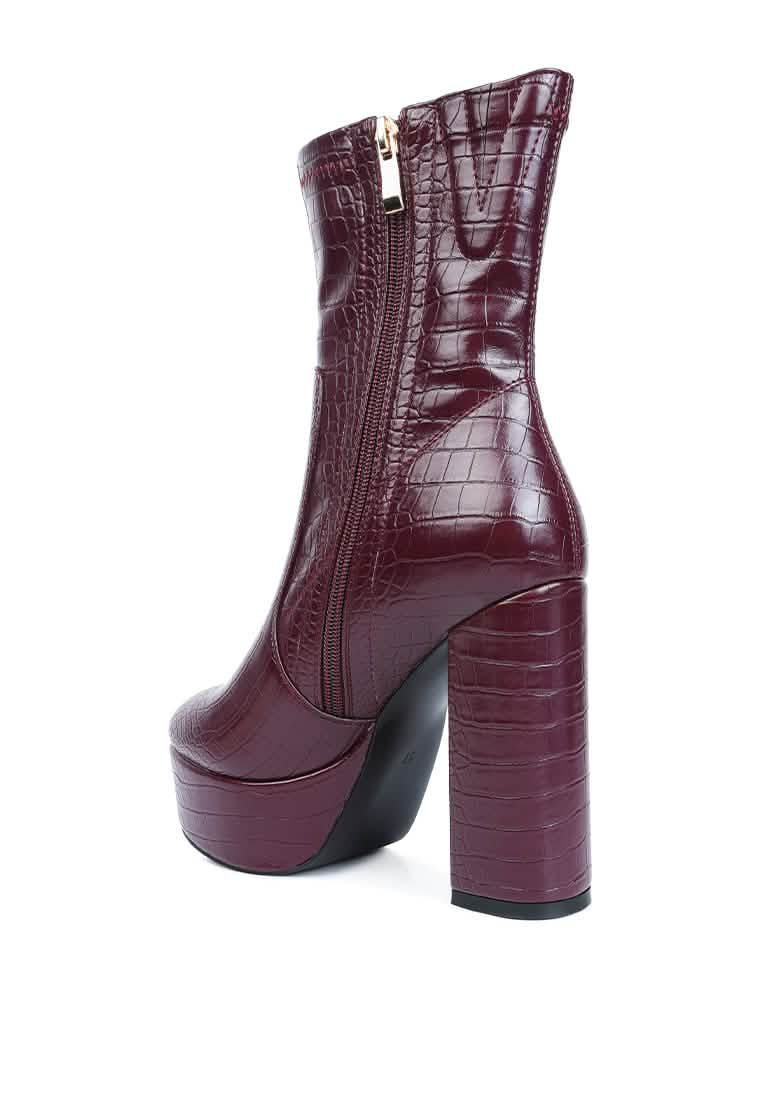 Croc-Textured Stylish Pointed Toe Block Heel Ankle Boot Ruby Smudge