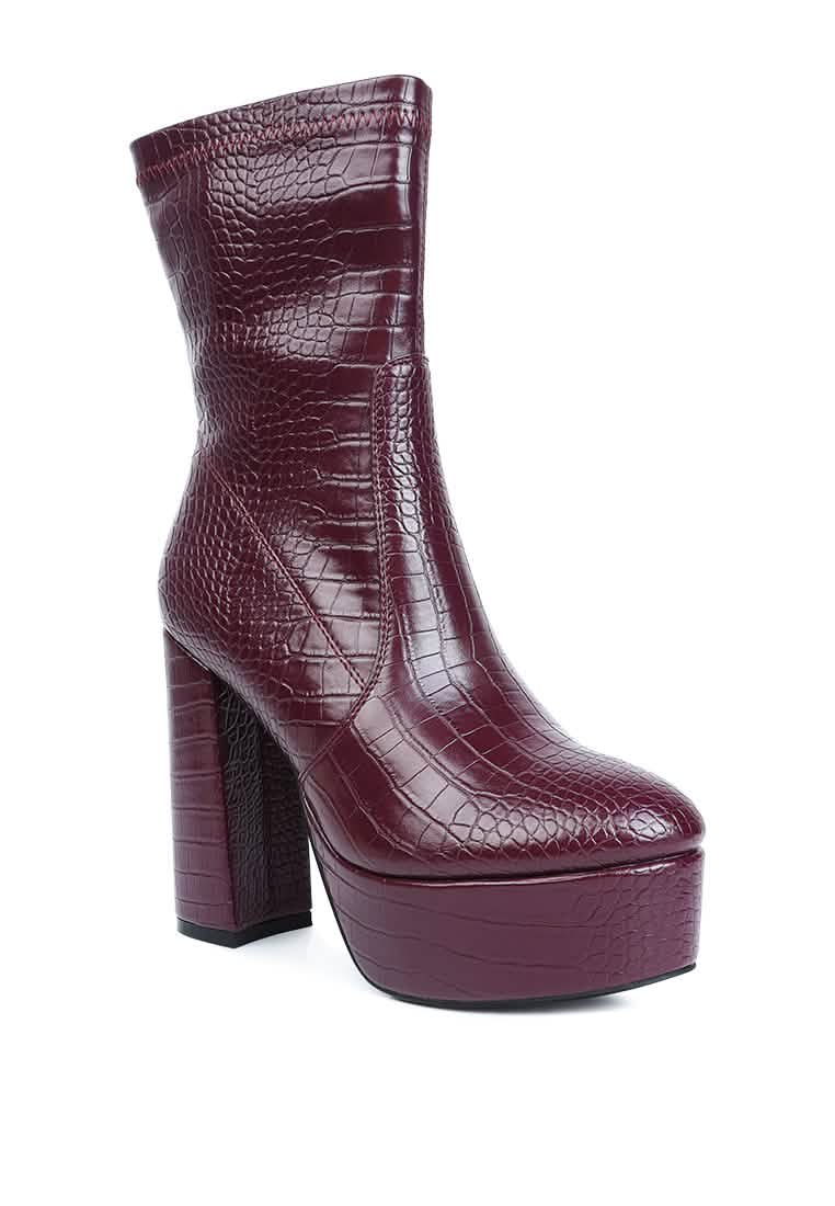 Croc-Textured Stylish Pointed Toe Block Heel Ankle Boot Ruby Smudge