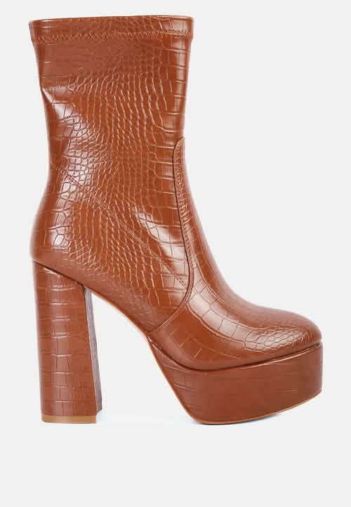 Croc-Textured Stylish Pointed Toe Block Heel Ankle Boot Ruby Smudge