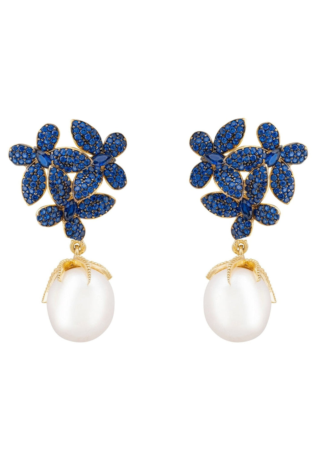 Flowers Baroque Pearl Earrings Sapphire Blue Gold