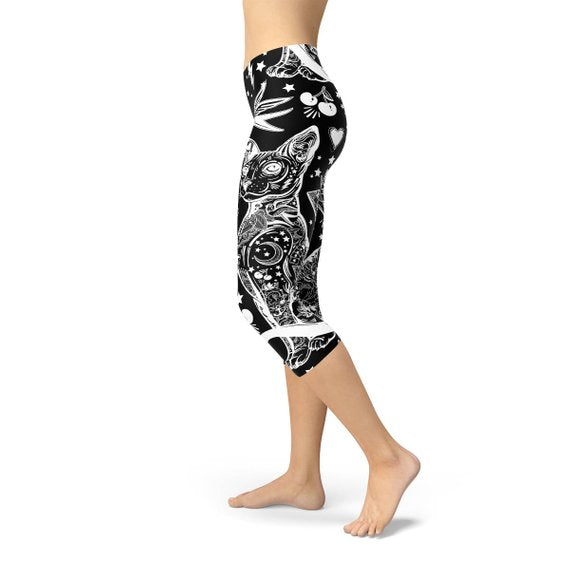 Womens Black Magic Cat Capri Leggings