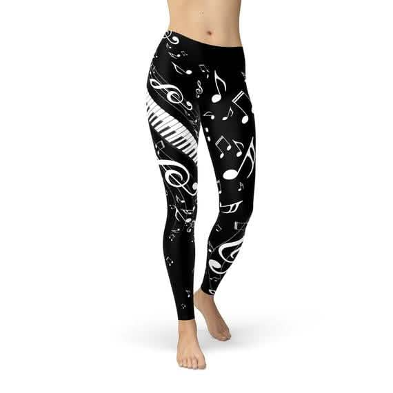 Stylish Women's Black Leggings with Musical Note Design Maroon Sooty