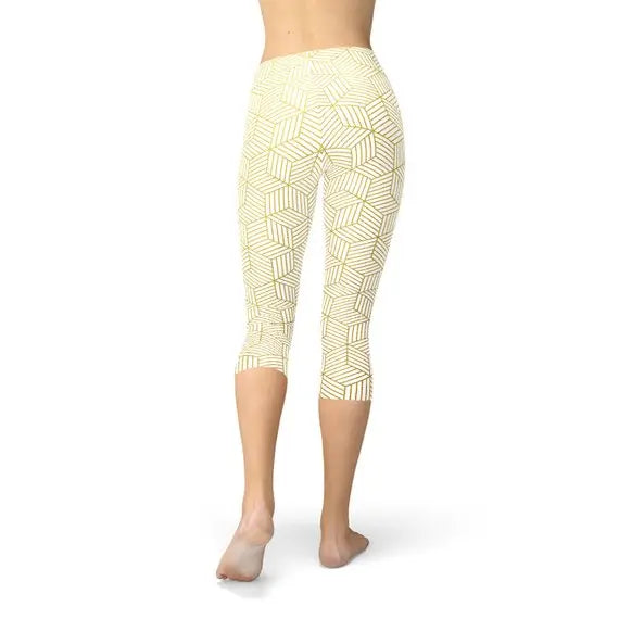 Women's White Capri Leggings with Unique Geometric Cube Print Maroon Sooty