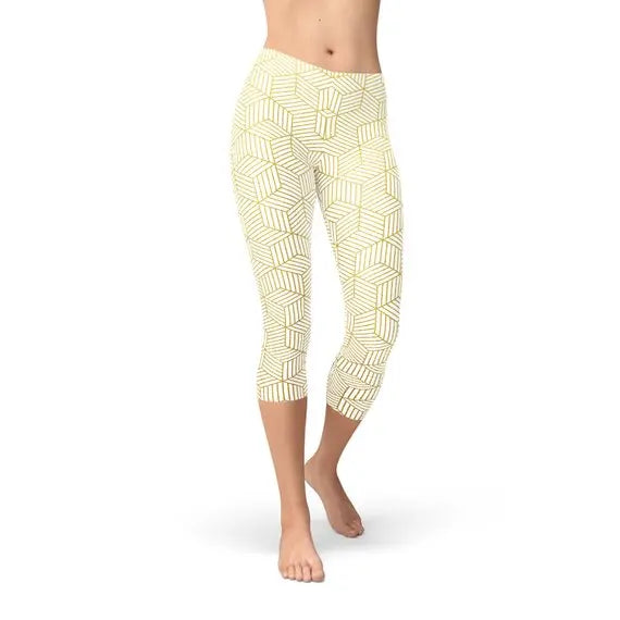 Women's White Capri Leggings with Unique Geometric Cube Print Maroon Sooty