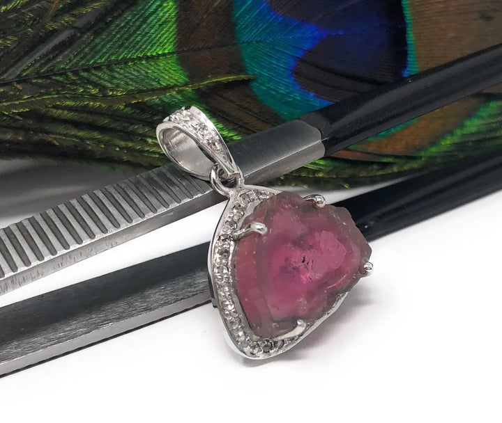 Artisan Watermelon Tourmaline Slice Pendant with Diamond Pave Accents in Sterling Silver Mauve Penelope