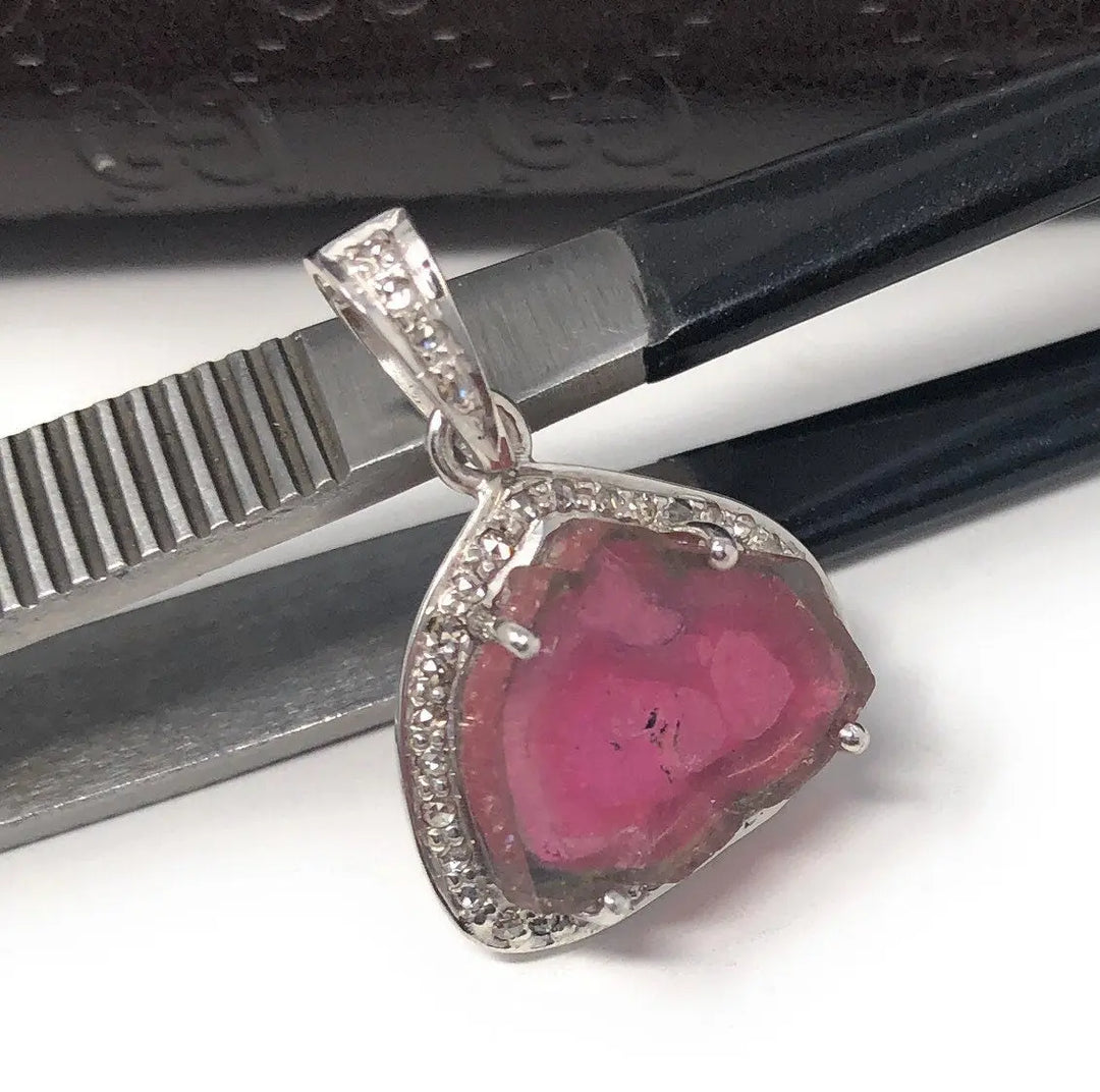 Artisan Watermelon Tourmaline Slice Pendant with Diamond Pave Accents in Sterling Silver Mauve Penelope