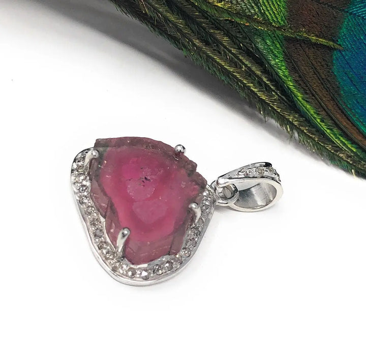 Artisan Watermelon Tourmaline Slice Pendant with Diamond Pave Accents in Sterling Silver Mauve Penelope