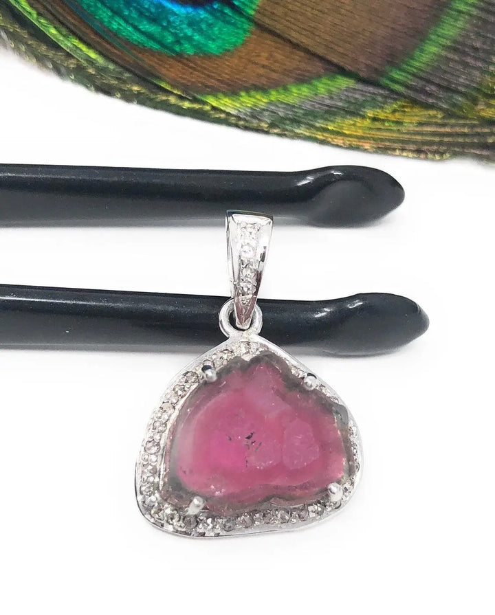 Artisan Watermelon Tourmaline Slice Pendant with Diamond Pave Accents in Sterling Silver Mauve Penelope