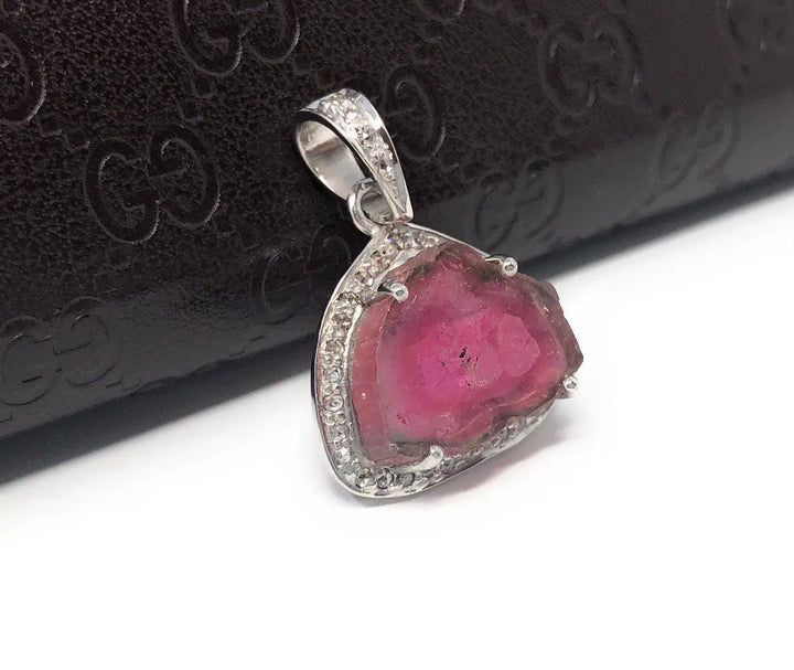 Artisan Watermelon Tourmaline Slice Pendant with Diamond Pave Accents in Sterling Silver Mauve Penelope