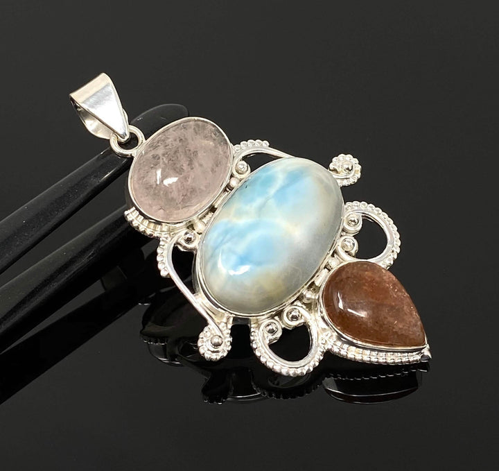 Elegant Sterling Silver Wire Wrapped Pendant with Larimar, Morganite & Sunstone Mauve Penelope