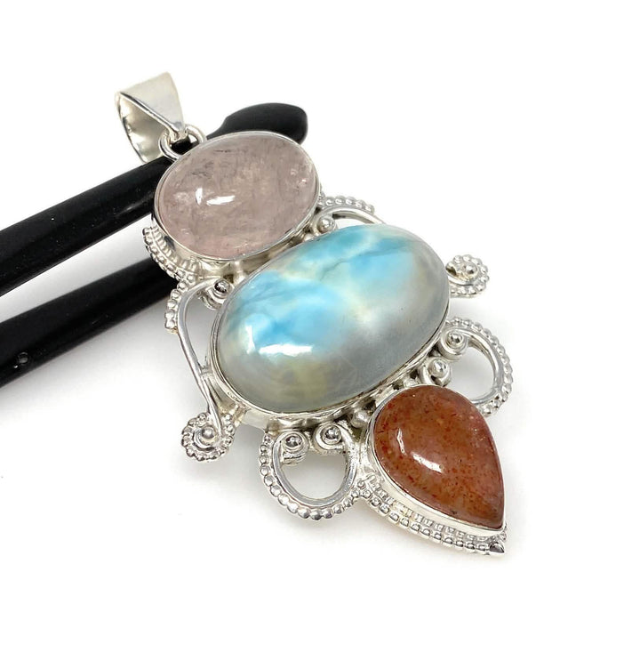 Elegant Sterling Silver Wire Wrapped Pendant with Larimar, Morganite & Sunstone Mauve Penelope