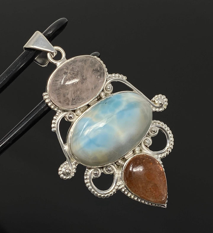 Elegant Sterling Silver Wire Wrapped Pendant with Larimar, Morganite & Sunstone Mauve Penelope