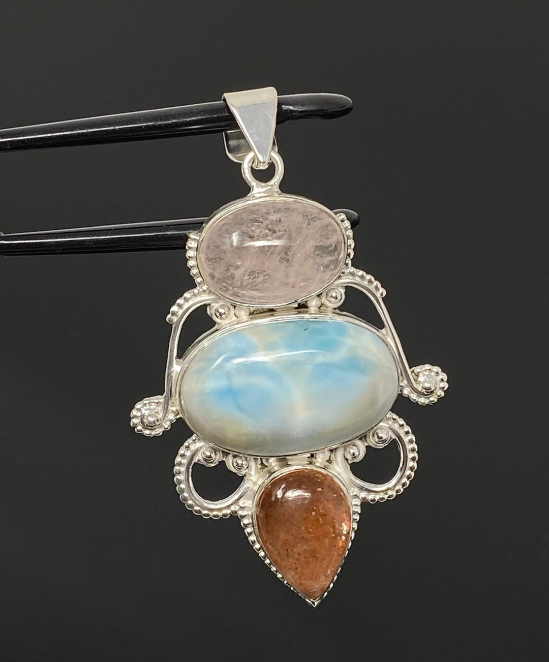 Elegant Sterling Silver Wire Wrapped Pendant with Larimar, Morganite & Sunstone Mauve Penelope