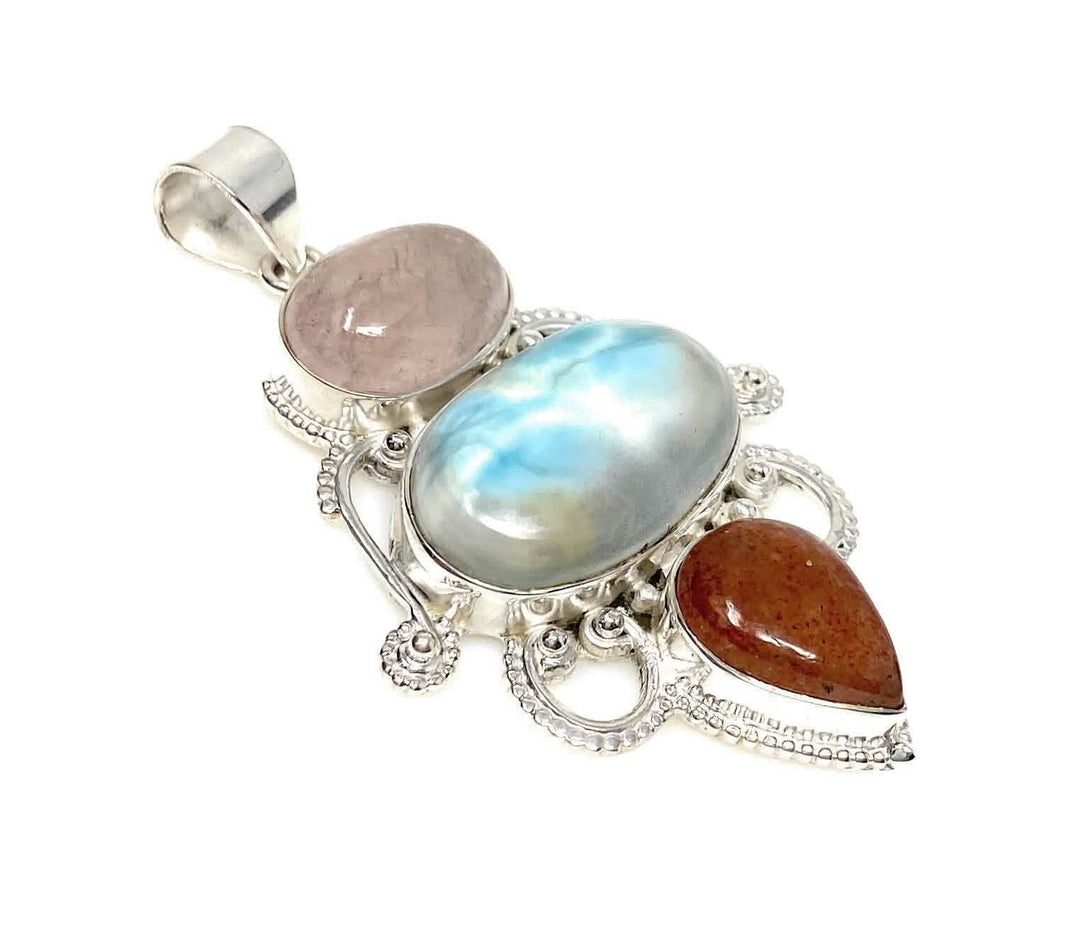 Elegant Sterling Silver Wire Wrapped Pendant with Larimar, Morganite & Sunstone Mauve Penelope