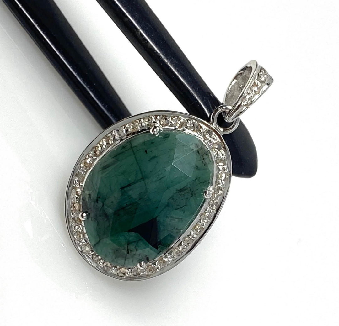 Natural Emerald and Diamond Silver Pendant - May Birthstone Elegance Mauve Penelope