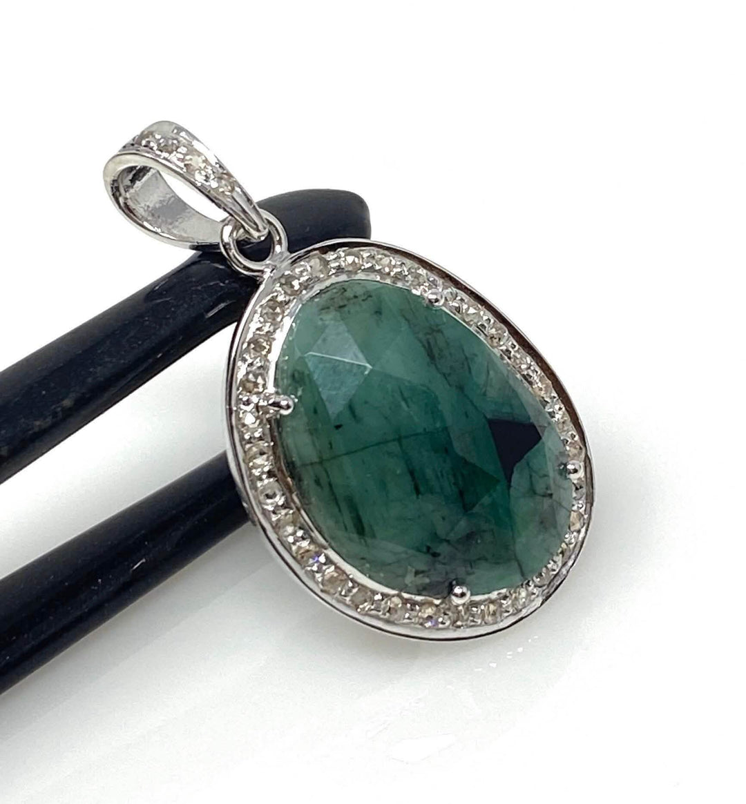 Natural Emerald and Diamond Silver Pendant - May Birthstone Elegance Mauve Penelope