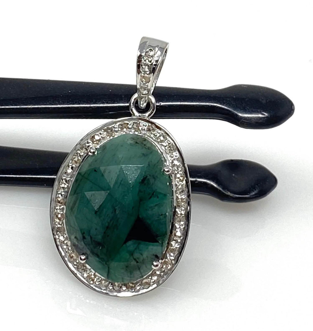 Natural Emerald and Diamond Silver Pendant - May Birthstone Elegance Mauve Penelope