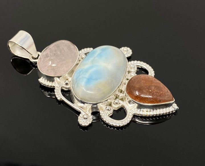 Elegant Sterling Silver Wire Wrapped Pendant with Larimar, Morganite & Sunstone Mauve Penelope