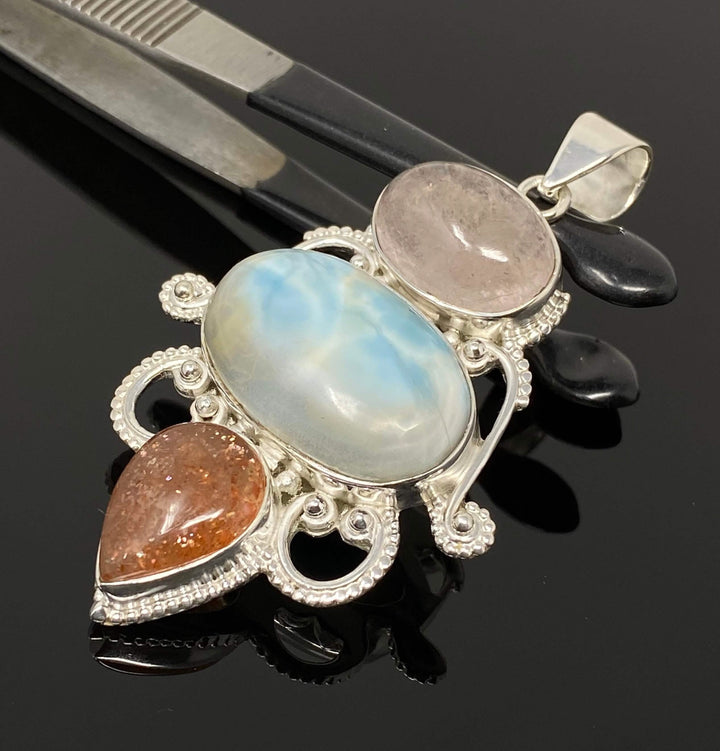 Elegant Sterling Silver Wire Wrapped Pendant with Larimar, Morganite & Sunstone Mauve Penelope