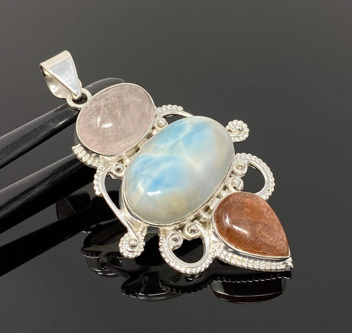 Elegant Sterling Silver Wire Wrapped Pendant with Larimar, Morganite & Sunstone Mauve Penelope